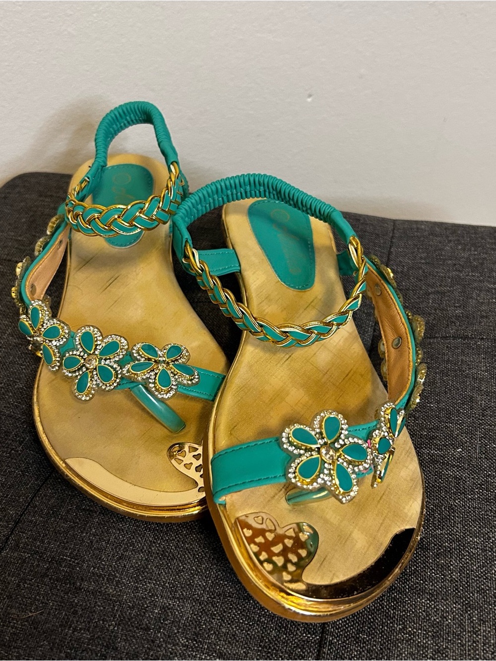 Turquoise Floral Embellished Women's Sandals with Gold Accents
